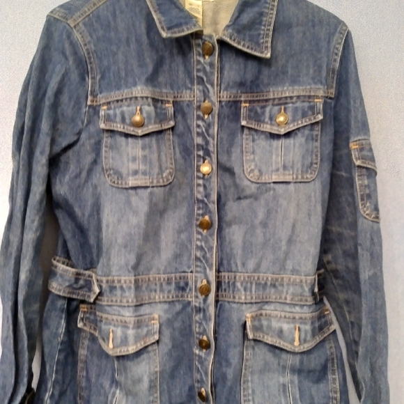 Crazy Horse Fitted Denim Jacket Military Style Button Front Cotton Jean Jacket L - Picture 1 of 4